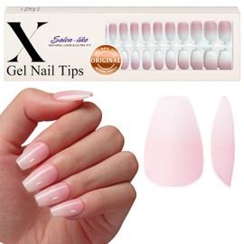 Soft Gel Nail Tips Ombre Nails Short Coffin Gel X Tips 150Pcs Pre-applied Tip Primer Gel X Nail Tips False Nails Press ons, Pink White Gradient Press on Nails Medium Short Coffin Fake Nails Extensions