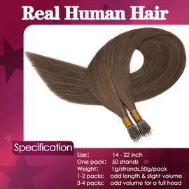S-noilite Nanoring Real Hair Extensions, Medium Brown, 35 cm, Remy Real Hair Extensions, Nano Rings, Cold Fusion Hair Extensions, Straight, 50 g, #4