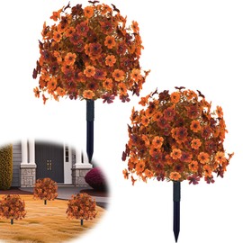 Fall Artificial Boxwood Topiary Ball Trees with Mums Flowers Set of 2,UV Resistant Orange Faux Shrubs Outdoor with Spike,Autumn Fake Potted Plants for Front Porch Garden Yard Decor 23.7"