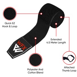 WFX Boxing Hand Wraps 3.5 4.5 Meter Martial Arts Bandages Inner Gloves Wrist Support Straps Punching Under Hand Knuckles Heavy Elasticated Training Bag Mitts Muay Thai (4.5 M, Black)