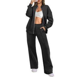 ANRABESS Women 2 Piece Outfits Lounge Set Oversized Zip Up Sweatshirt Jacket Sweatpant Matching Sweat Sets Winter Sweatsuits Black Large