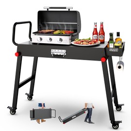 NUUK 31"x17" Heavy Duty Folding Grill Table Cart with Locking Wheels Side Shelves 300LBS Capacity for Griddles Pizza Ovens Outdoor Cooking Perfect for Outdoor Countertop and Grill Prep Table Use