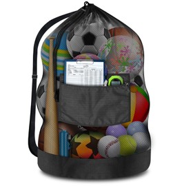 Heavy Duty Soccer Ball Net Bag(100L Extra Large Capacity 10-12Balls), Drawstring Mesh Ball Bag with Zipper Pocket, Sports Equipment Storage Organizer Hold for Gym, Beach, Cloth, Swimming Gears (1)