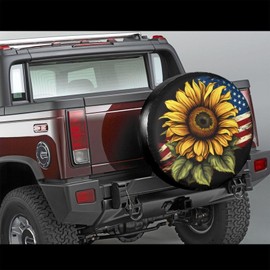 Spare Tire Cover USA Flag on Sunflower Spare Tire Covers Weatherproof & Dustproof Wheel Protectors Universal Fit for Rv Trailer SUV Truck Camper Travel 14 Inch with No Camera Hole