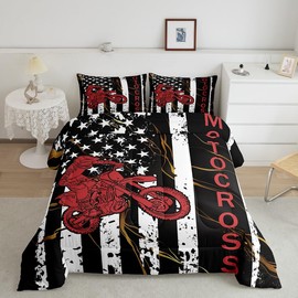Dirt Bike Comforter Set for Teens, American Flag Bedding Set Twin, Motocross Rider Extreme Sport Down Comforter United States Federations Stars Quilted Duvet for Kids Boys Adult, Black White White