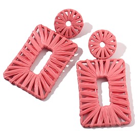 Statement Raffia Earrings Boho Drop Earrings Geometric Dangle Earrings for Women Handmade Straw Beach Earring(Coral)