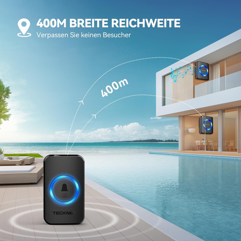 TECKNET Wireless Doorbell, Wireless Doorbell Set, 400 m Range, IP65