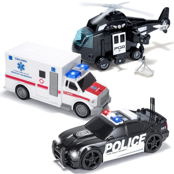 JOYIN Toddler Truck Toys for 3 4 5 6 7 Year Old Boys - Police Car Toy Set, Emergency Vehicle Playset, Kids Toys Cars, Friction Powered Car with Lights and Sounds, Birthday Gifts for Boys Girls Age 3-9