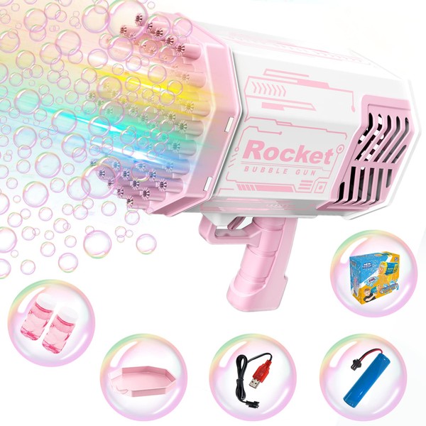 Bubble Gun - 69 Holes Bazooka Bubble Machine Gun with Colorful Lights & Bubble Solution for Kids Adult Automatic Bubble Maker Gun for Indoor Outdoor Playing Activity Birthday Party Wedding (Pink)