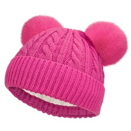 EDCYF Kids Winter Knit Beanie Hat Children's Thick Warm Fleece Lined Hat with Pompom for Girls Ages 6-14 Red