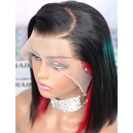 LAB HAIRS 14 Inch Skunk Stripe Wig 13x4 Transparent Lace Front Wigs Human Hair Blunt Cut Style Black Red Highlights Straight Bob 150% Density Glueless Wig Pre Plucked Bleached Knots for Black Women
