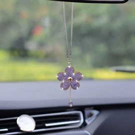 Bling Car Hanging Charm Accessories, Crystal Flower Car Rear View Mirror Pendant Decoration, Car Interior Ornament Accessories for Women Girls Presents (Purple)