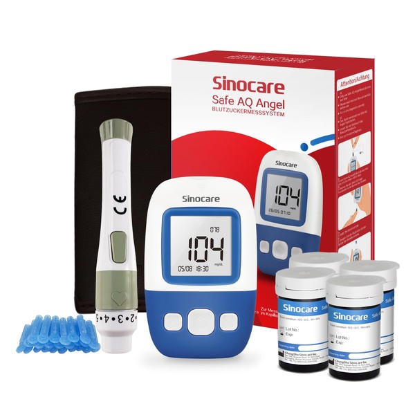 sinocare Safe AQ Angel Blood Glucose Monitor Set with 100 Test Strips and 100 Lancets, Blood Glucose Meter Test Winner, Diabetes Set, mg/dL