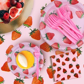 Strawberry Plates Set, 121pcs Strawberry Party Tableware Set, Delicate And Lovely, Suitable For Party, Baby Birthday Use, Strawberry Party Plates For 30 Guests (Pink Strawberry)