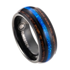 8mm Opal Tungsten Carbide Hawaiian Koa Tree Wood with Created Comfort Fit Ring Engagement Wedding Band Dome Style Weighted High Polished Finish with Gift box (Black Tungsten Crushed Blue Opal, 11.5)