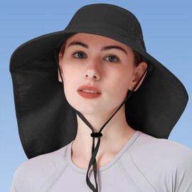 Womens Sun Hat UV Protection, Foldable Waterproof Wide Brim Bucket Hats with Neck Flap for Summer Beach Fishing Hiking Black