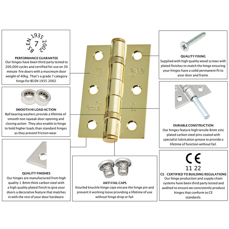 Door Hinges 3" 76mm Ball Bearing 1 Pair Pack [2