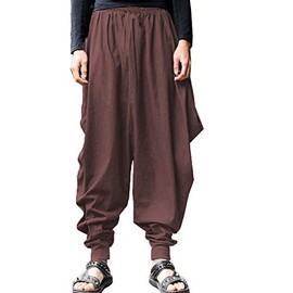 ONTTNO Men's Harem Pants Loose Stretchy Waist Casual Hippie Trousers (Brown)