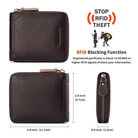 CHANPINCL Mens Genuine Leather Zipper Wallet RFID Secure Large Capacity Double Fold Multi-card Leather Wallets for Men and coin purse (Coffee)
