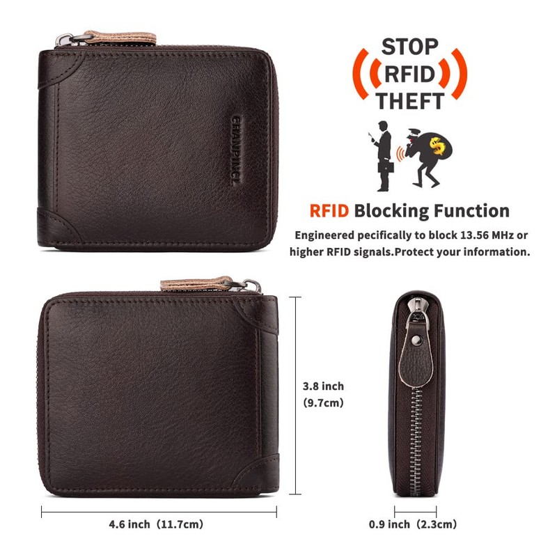 CHANPINCL Mens Genuine Leather Zipper Wallet RFID Secure Large Capacity