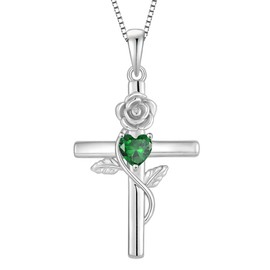 Vesitim Women's Cross Necklace 925 Sterling Silver Infinite Rose Flower Pendant Faith Religious Birthstone Jewelry Gift, Sterling Silver, Created Emerald