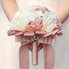 Gkvszy 10.2in Blush Pink Ivory Handmade Wedding Bridal Bouquet with Luxury Rhinestone Brooch Pearl Satin Rose Flower Bouquet for Bride Bridesmaid Quinceanera Wedding Bouquet Blush Pink and Ivory