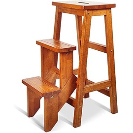 BETTARY 3-Step Folding Wooden Step Stool, Portable Anti-Slip Step Ladder, Foldable Wood Counter Staircase, Multifunctional Flower Shelf & Chair for Kitchen/Garage/Living Room/Library (Brown)