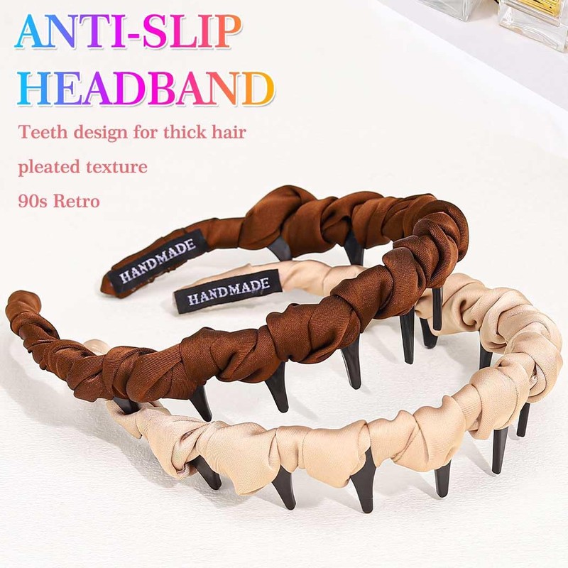 DANKORIER Non Slip Brown Headbands with Comb Pleated Hair Bands