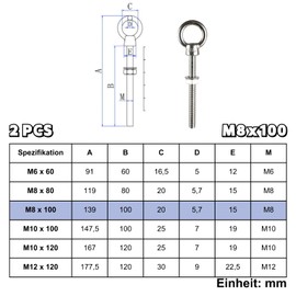 ORTAVA Eye Bolts Long M8 x 100 mm, Pack of 2 Eye Bolts with Washers and Hex Nuts, Eye Bolt Stainless Steel 316 V4A A4, Eye Bolt for Mounting and Suspension