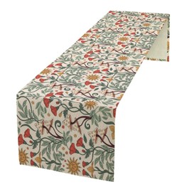 Boho Floral Print Table Runner,Vintage Flowers Sun Mushroom Pattern Design Dinner Table Decoration for Home Living Room Kitchen Dining Room 13x36in