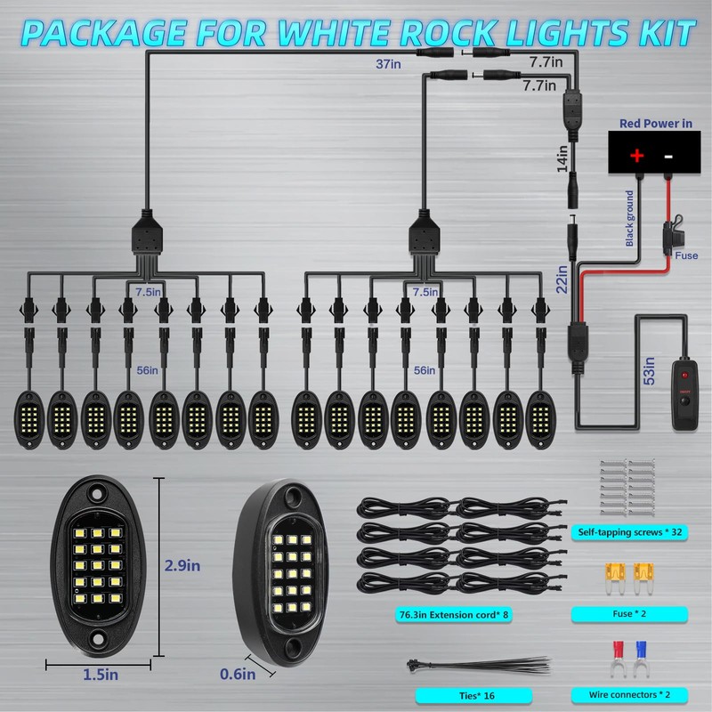 16Pods All Pure White LED Rock Lights Kit Plug and