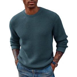 PJ PAUL JONES Mens Sweater Cable Knit Sweaters Crew Neck Waffle Pullover Long Sleeve Sweaters Aqua Green