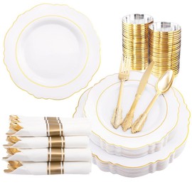 Liacere 350PCS Gold Plastic Plates - Disposable White and Gold Plates include 100Plates, 50Pack Pre Rolled Napkins with Silverware 50Cups Perfect for Wedding & Party
