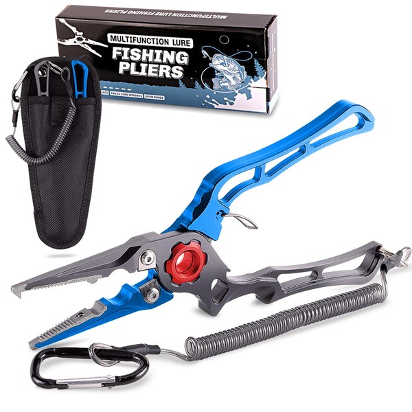 Fishing Pliers, Long Nose, Multi-functional, Needle Removal, Line Cutter, High Performance, Ultra Lightweight, Locking Mechanism (Blue x Gray)