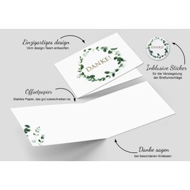 15 Thank You Cards & 15 Envelopes & 15 Stickers - Folding Cards Set "Eucalyptus" Wedding, Christening, Confirmation, Communion, Retirement, Birthday, Employee, Thank You, Blank