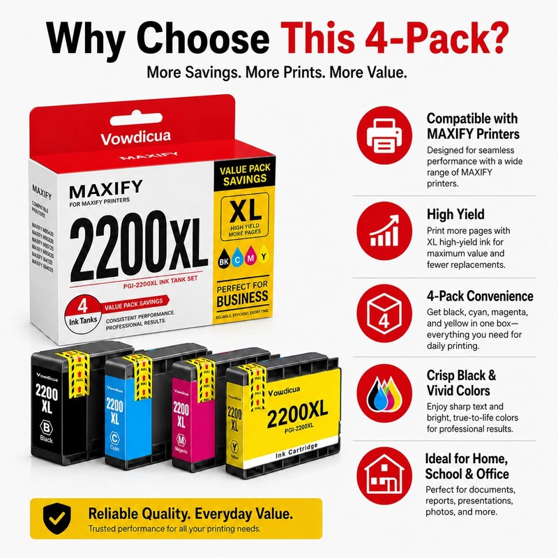 PGI-2200XL Ink Cartridge 4-Pack High Yield Replacement for Canon MAXIFY