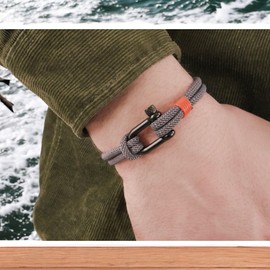 Maritime Men's Sailing Rope Bracelet, Paracord Bracelet Grey with Red Accent, Sturdy Stainless Steel Clasp, 20.5 cm Length, 20.5 cm, sailing rope, No Gemstone