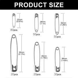 250 safety pins - nickel plated rust resistant steel - 6 sizes - ideal for safety pins for clothes, arts & crafts, DIY, hemming, dressmaking (silver)