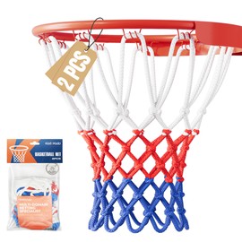 KadoKado 2PCS Basketball Net Replacement, 2x50g Lightweight Basketball Nets for for Kids & Family Use, All Weather Anti Whip Color Never Fade -12 Loops (White Red Blue) BSK01