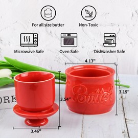 Rixordd Red Butter Crock & Stainless Steel Spreader Knife Set – French Butter Keeper with Water Line, Countertop Butter Dish – Lead-Free Porcelain, Dishwasher-Safe, Vibrant Red