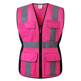 RSMINUO Reflective Safety Vest for Women, High Visibility Mesh Breathable Lady WorkWear with Pockets and Zipper (Pink, XLarge)