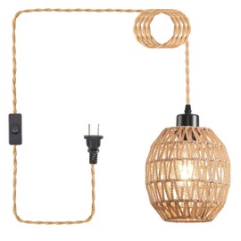 KOONTING Plug in Pendant Light Rattan Hanging Lamp, 16ft Plug in Cord and On Off Switch, Woven Boho Basket Lamp Shade Plug in Ceiling Light Fixture for Living Room Farmhouse Bedroom Kitchen Island