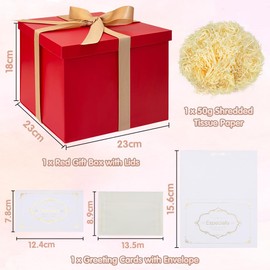 Gift Box Set, Red Gift Box with Lid, Deep Gift Box with Bow, 23 x 23 x 18 cm, Gift Box, Tipped Tissue Paper, Greeting Cards for Christmas, Birthday, Wedding Anniversary
