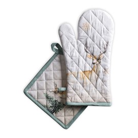 Maison d' Hermine Oven Mitt (7.5"x13") & Pot Holder (8"x8") 100% Cotton Kitchen Oven Mitt + Pot Holder Heat Resistant, Banquet, Barbeque, Deer in The Woods-Thanksgiving/Christmas