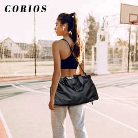 CORIOS Travel Duffel Bag for Women/Men Sport Duffel Bag Weekend Shoulder Bag Large Gym Tote Bag Overnight Bag Nylon Hospital Bag Carry On Luggage with Shoes Compartment and Wet Pocket Black