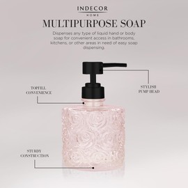 Marcella Glass Soap Dispenser with Soap Pump, Refillable 14 Ounce Capacity, Floral Design Rose Patterns, Heavy Weight Thick Glass for Bathroom, Premium Kitchen Soap Dispenser Peach Blush