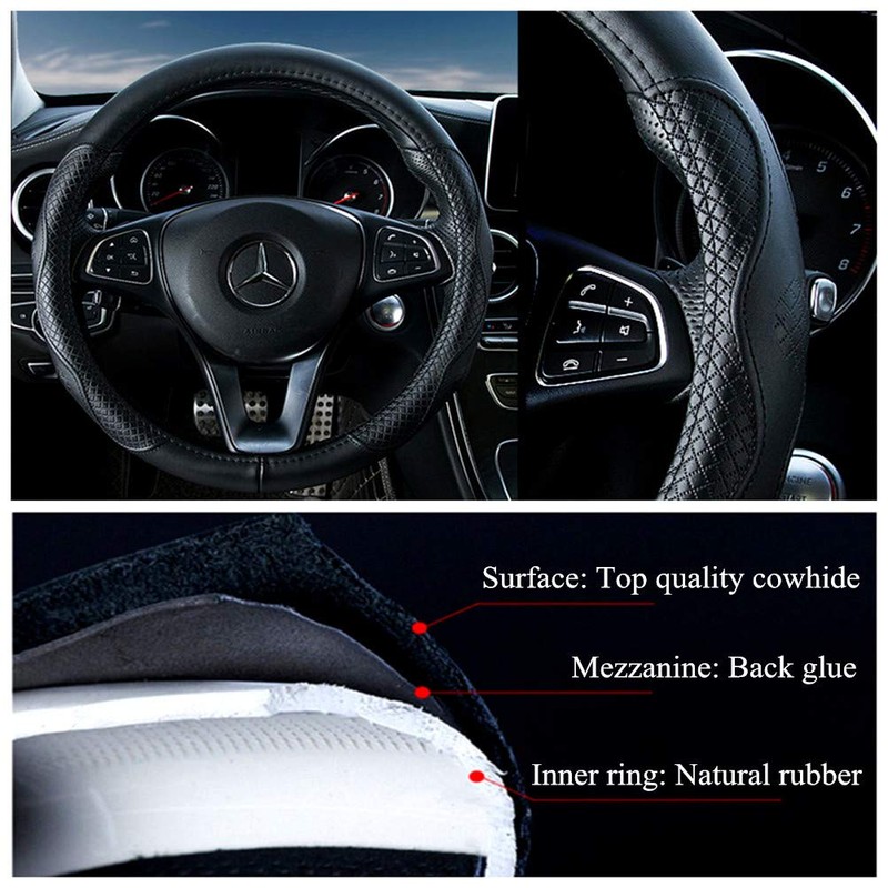 Black Leather Steering Wheel Cover Cowhide Wheel Cover Genuine Leather