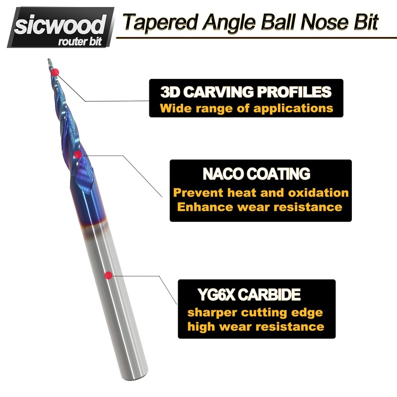 CNC Tapered Ball Nose Router Bit 1/4 Inch Shank, NACO