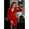 GOBLES Women's Sexy Long Sleeve V Neck Ruched Bodycon Mini