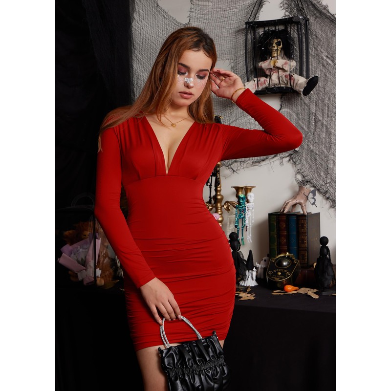 GOBLES Women's Sexy Long Sleeve V Neck Ruched Bodycon Mini